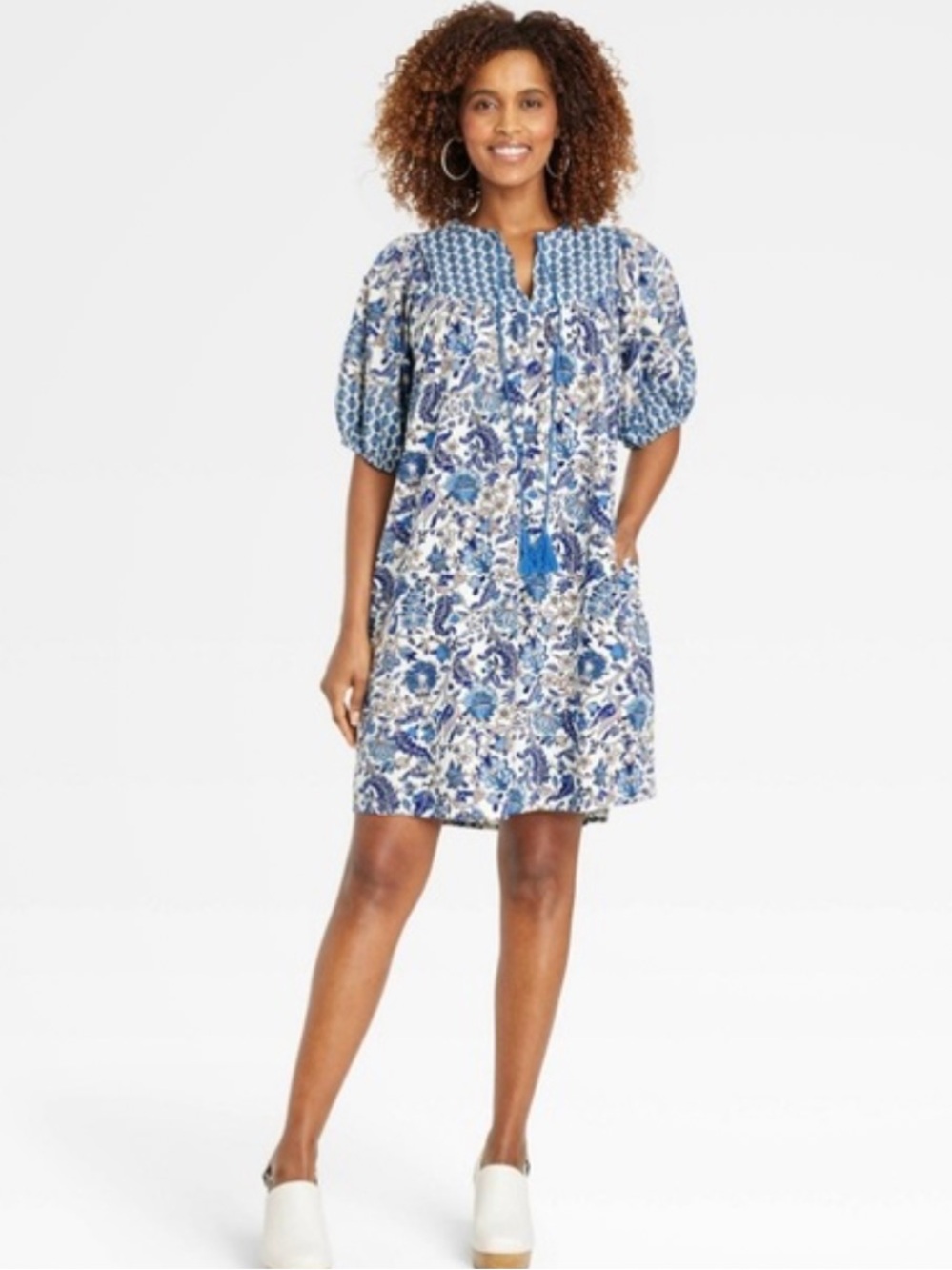 Knox Rose Blue & White Floral Paisley Flowy Boho Puff Sleeve Mini Dress - Picture 2 of 12
